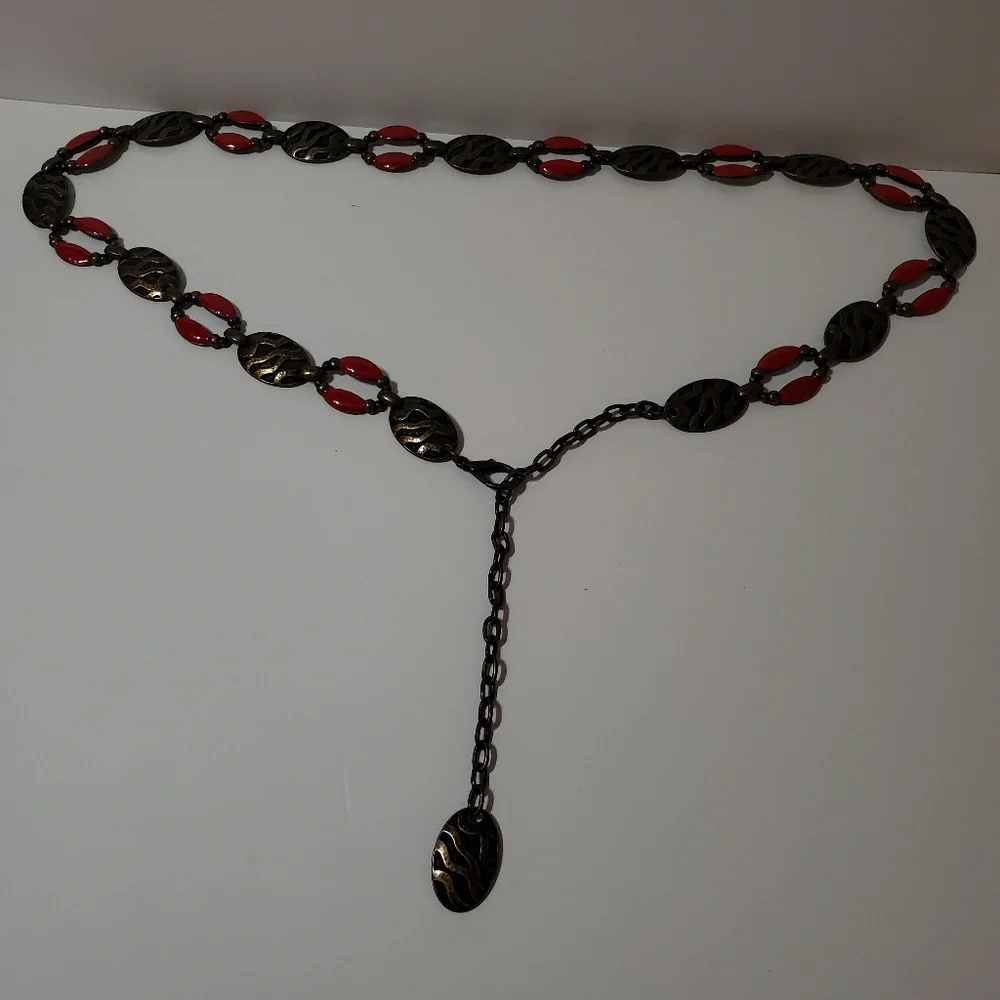 Vintage Women's Brass Red Enamel Link Chain Belt